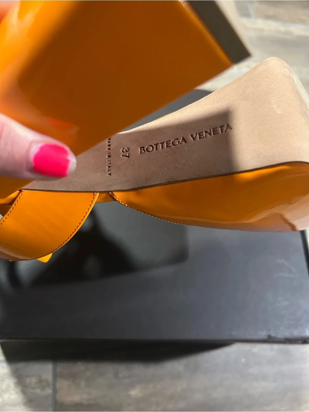 Bottega Veneta Orange Patent Platform Heels - Picture 3 of 5
